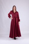 Bordo Uzun Kol Kruvaze Yaka Tesettür Abiye Elbise