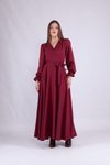 Bordo Uzun Kol Kruvaze Yaka Tesettür Abiye Elbise
