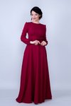 Bordo Uzun Kol Yuvarlak Yaka Büzgülü Kuşaklı Cepli Abiye Elbise
