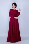 Bordo Uzun Kol Yuvarlak Yaka Büzgülü Kuşaklı Cepli Abiye Elbise