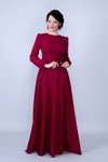Bordo Uzun Kol Yuvarlak Yaka Büzgülü Kuşaklı Cepli Abiye Elbise