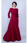 Bordo Uzun Kol Yuvarlak Yaka Büzgülü Kuşaklı Cepli Abiye Elbise