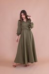 Haki Kruvaze Yaka Kemerli Tesettür Abiye Elbise