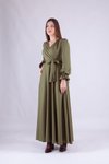 Haki Kruvaze Yaka Uzun Kol Tesettür Abiye Elbise