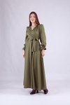 Haki Kruvaze Yaka Uzun Kol Tesettür Abiye Elbise