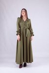 Haki Kruvaze Yaka Uzun Kol Tesettür Abiye Elbise