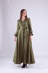 Haki Kruvaze Yaka Uzun Kol Tesettür Abiye Elbise