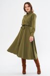 Haki Kuşaklı Beli Lastikli Cepli Uzun Kol Gömlek Elbise