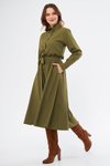 Haki Kuşaklı Beli Lastikli Cepli Uzun Kol Gömlek Elbise