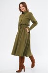 Haki Kuşaklı Beli Lastikli Cepli Uzun Kol Gömlek Elbise