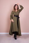 Haki Siyah Uzun Kol Asimetrik Kesim Deri Kemerli Tesettür Elbise