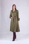 Haki Uzun Kol Kruvaze Yaka Tesettür Elbise