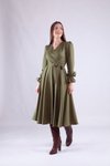 Haki Uzun Kol Kruvaze Yaka Tesettür Elbise