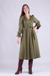 Haki Uzun Kol Kruvaze Yaka Tesettür Elbise