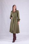 Haki Uzun Kol Kruvaze Yaka Tesettür Elbise