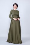 Haki Uzun Kol Yuvarlak Yaka Beli Büzgülü Kuşaklı Dokuma Tesettür Abiye Elbise