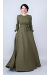 Haki Uzun Kol Yuvarlak Yaka Beli Büzgülü Kuşaklı Dokuma Tesettür Abiye Elbise