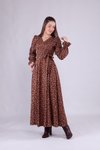 Kahve Çiçek Desenli Kadife Kruvaze Yaka Uzun Kol Elbise