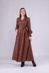 Kahve Çiçek Desenli Kadife Kruvaze Yaka Uzun Kol Elbise