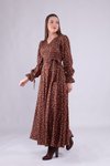 Kahve Çiçek Desenli Kadife Kruvaze Yaka Uzun Kol Elbise