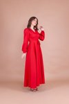 Kırmızı Kruvaze Yaka Kemerli Tesettür Elbise