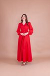 Kırmızı Kruvaze Yaka Kemerli Tesettür Elbise