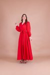 Kırmızı Kruvaze Yaka Kemerli Tesettür Elbise