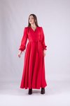 Kırmızı Uzun Kol Kruvaze Yaka Tesettür Elbise