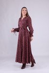Koyu Bordo Çiçek Desenli Uzun Kol Kadife Kruvaze Yaka Tesettür Elbise