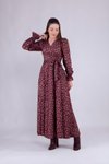 Koyu Bordo Çiçek Desenli Uzun Kol Kadife Kruvaze Yaka Tesettür Elbise