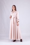 Krem Uzun Kol Kruvaze Yaka Tesettür Elbise