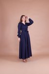 Lacivert Kruvaze Yaka Kemerli Tesettür Elbise