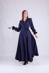 Lacivert Uzun Kol Kruvaze Yaka Tesettür Elbise