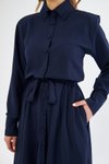 Lacivert Uzun Kol Kuşaklı Cepli Beli Lastikli Gömlek Elbise