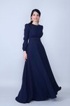 Lacivert Uzun Kol Yuvarlak Yaka Büzgülü Kuşaklı Abiye Elbise