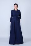 Lacivert Uzun Kol Yuvarlak Yaka Büzgülü Kuşaklı Abiye Elbise