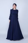 Lacivert Uzun Kol Yuvarlak Yaka Büzgülü Kuşaklı Abiye Elbise