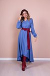 Mavi Bordo Asimetrik Kesim Uzun Kol Deri Kemerli Tesettür Elbise