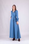 Mavi Uzun Kol Kruvaze Yaka Tesettür Elbise