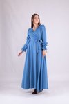 Mavi Uzun Kol Kruvaze Yaka Tesettür Elbise