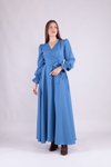 Mavi Uzun Kol Kruvaze Yaka Tesettür Elbise