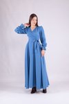 Mavi Uzun Kol Kruvaze Yaka Tesettür Elbise