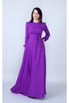 Mor Uzun Kol Beli Büzgülü Kuşaklı Cepli Dokuma Tesettür Abiye Elbise
