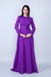 Mor Uzun Kol Beli Büzgülü Kuşaklı Cepli Dokuma Tesettür Abiye Elbise