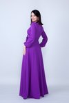 Mor Uzun Kol Beli Büzgülü Kuşaklı Cepli Dokuma Tesettür Abiye Elbise