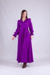 Mor Uzun Kol Kruvaze Yaka Tesettür Abiye Elbise