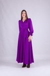 Mor Uzun Kol Kruvaze Yaka Tesettür Abiye Elbise