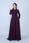 Mürdüm Uzun Kol Beli Büzgülü Kuşaklı Tesettür Abiye Elbise