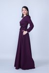 Mürdüm Uzun Kol Beli Büzgülü Kuşaklı Tesettür Abiye Elbise