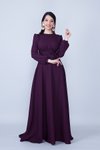 Mürdüm Uzun Kol Beli Büzgülü Kuşaklı Tesettür Abiye Elbise